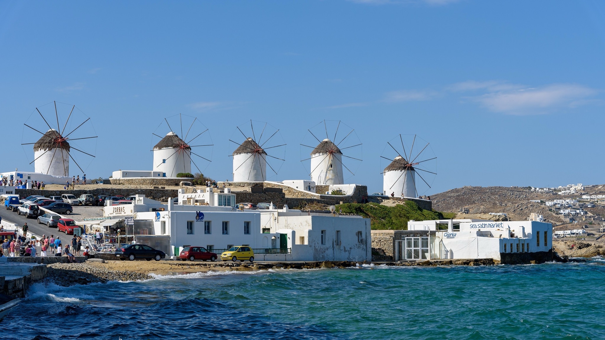 Kato Mili windmills above Mykonos Chora and the Aegean