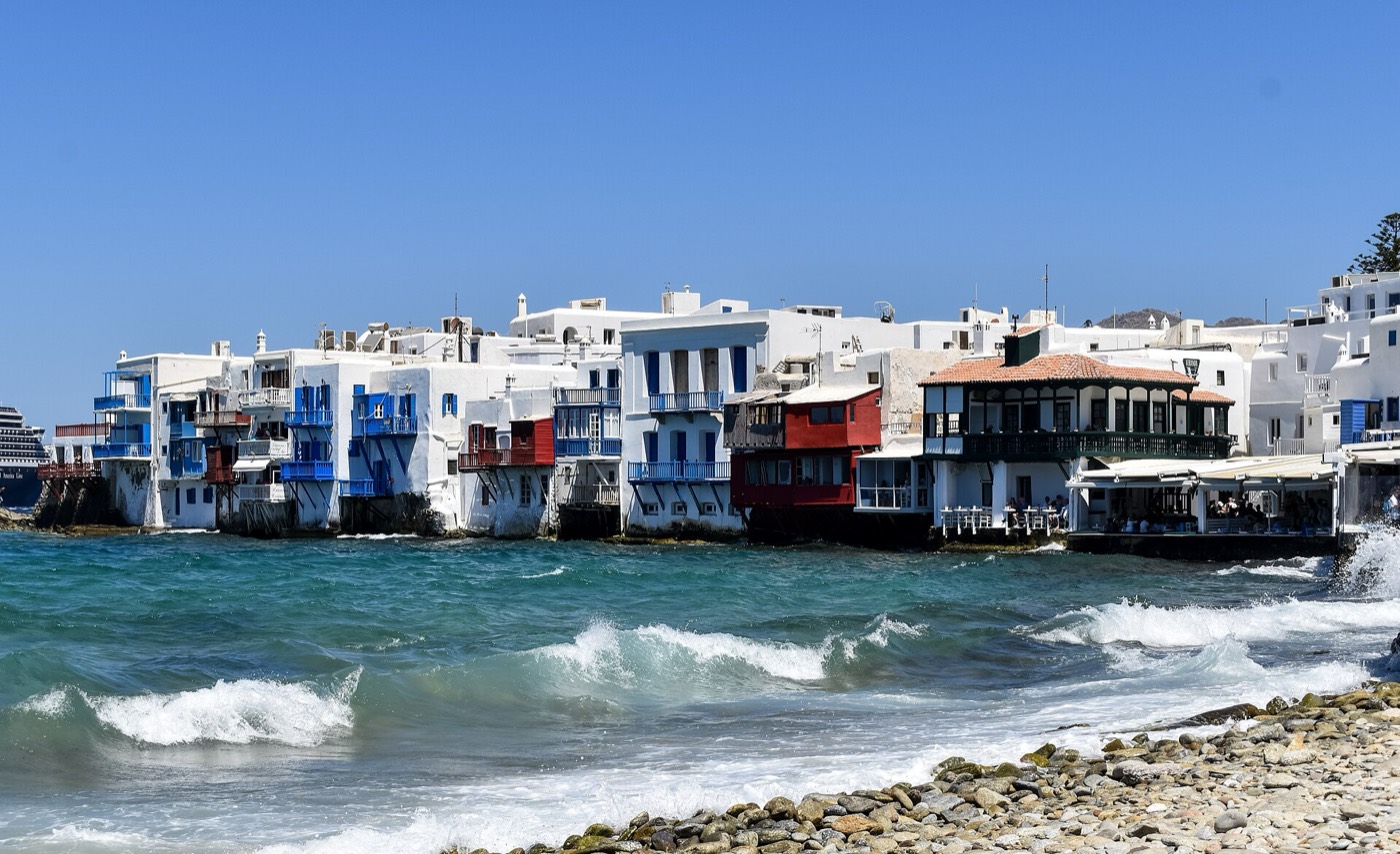 Little Venice houses built over the sea in Chora, Mykonos