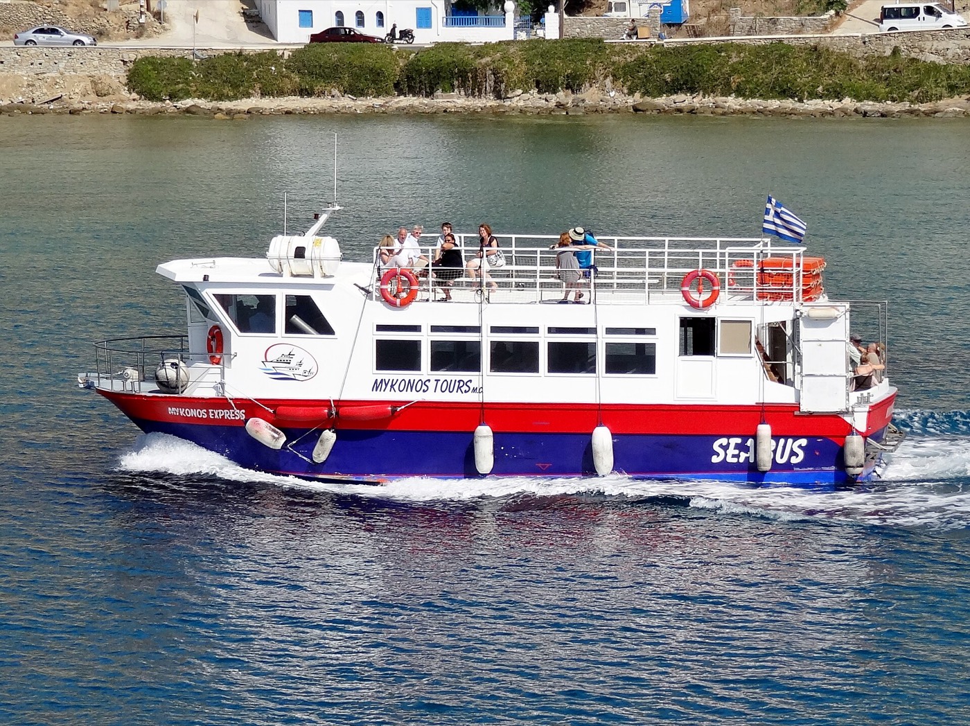 SeaBus water taxi in the harbour of Mykonos