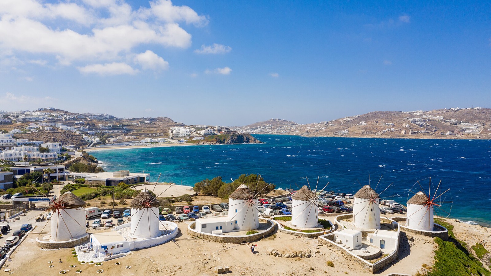 Kato Mili windmills with the Aegean behind them